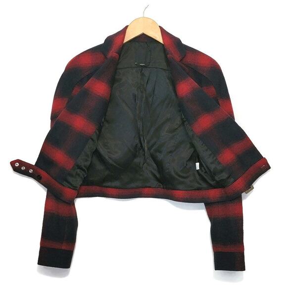 Bebe Plaid Buffalo Check Print Moto Jacket Red Navy Blue Short Crop Size 6 - Picture 8 of 16